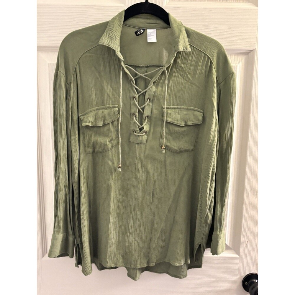 H&M Olive Green Lace Up Blouse Womens 6 Long Sleeve Utility Pocket Top